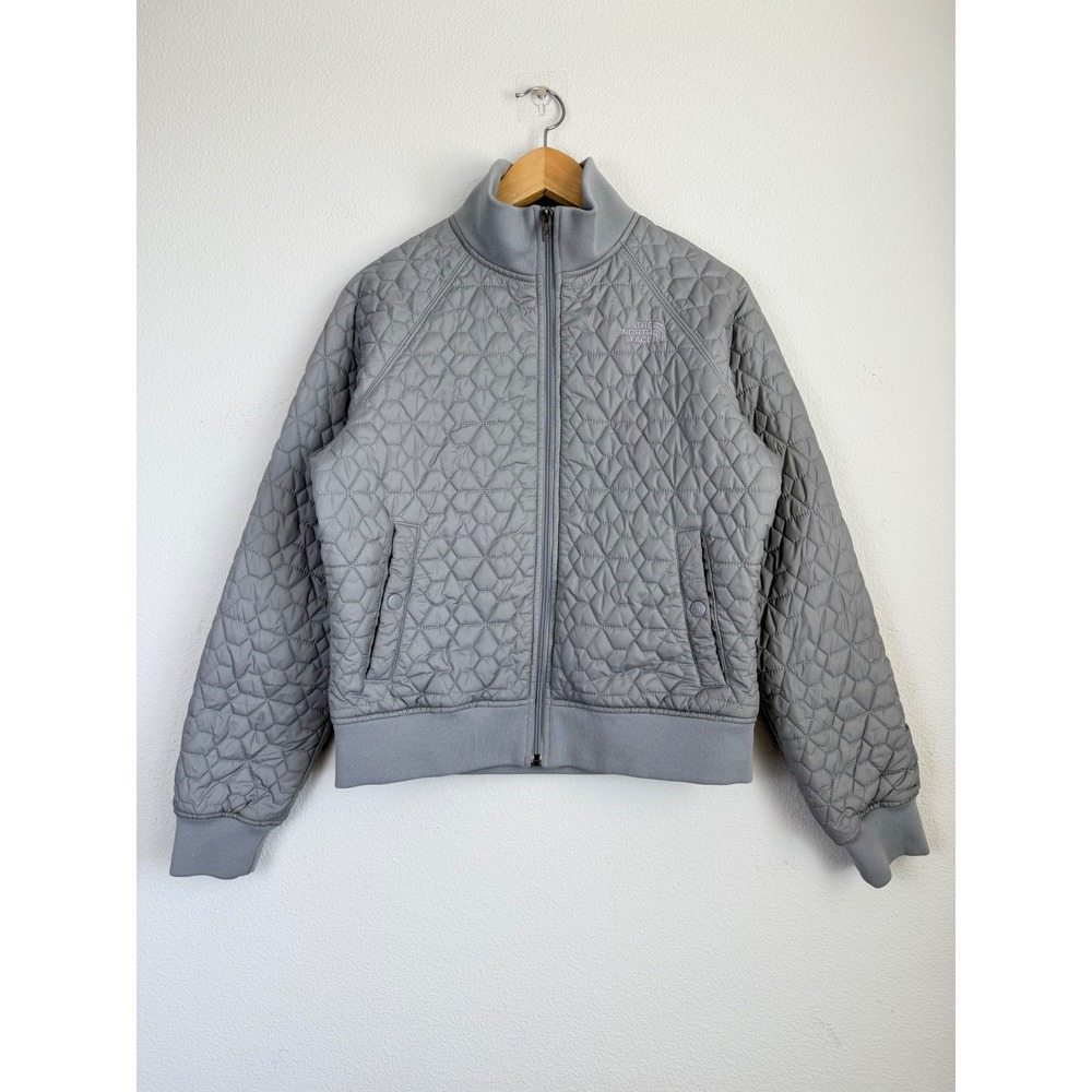 The North Face Womens Nylon Quilted Puffer Jacket Large Gray Full Zip Bomber